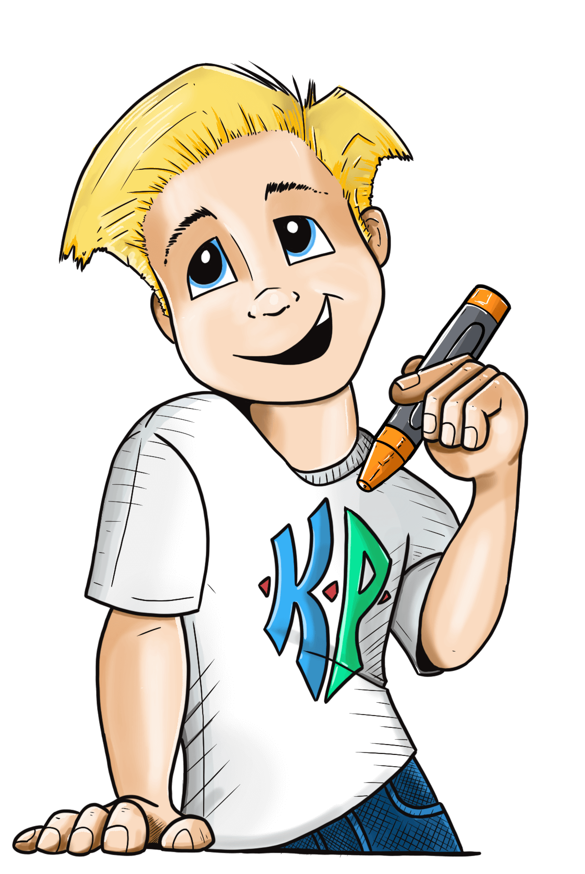 Kevin as a kid, holding a pencil to draw. Wearing a KP t-shirt.